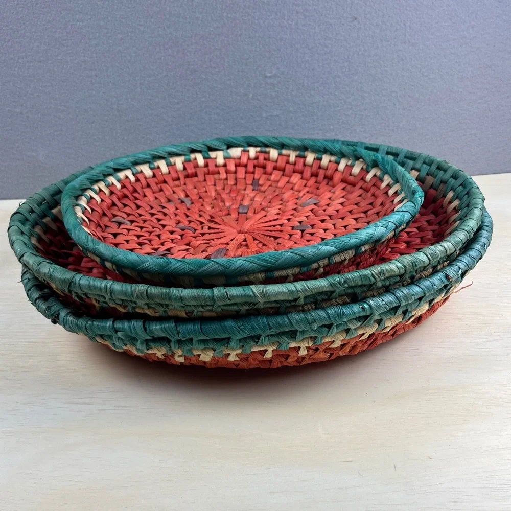 Watermelon Woven Raffia Basket Set 3pc Red Green Boho Decor Trays Round Oval